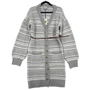 Pink Rose Belted Duster Cardigan Sweater Dress Size XL Gray White Stripe